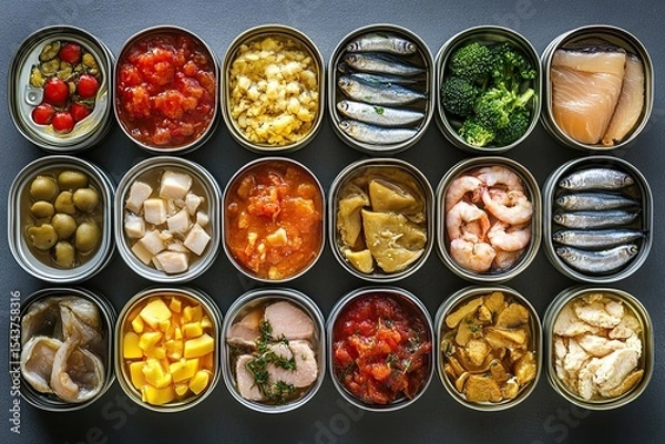 Obraz Canned food arranged in lines on a grey background, including sardines and tin cans