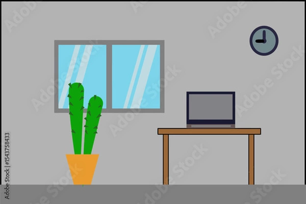 Fototapeta Modern Workspace: A simple office space features a potted cactus, a laptop on a desk, a window and a clock on the wall. Embracing minimalist design, creating a serene atmosphere. 
