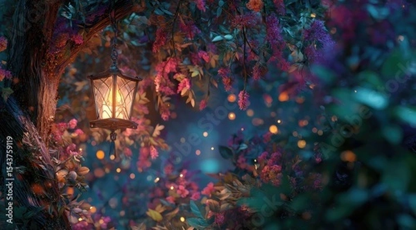 Fototapeta A glowing lantern hangs from a gnarled tree branch, nestled amongst vibrant pink blossoms and ethereal fireflies in a twilight forest scene