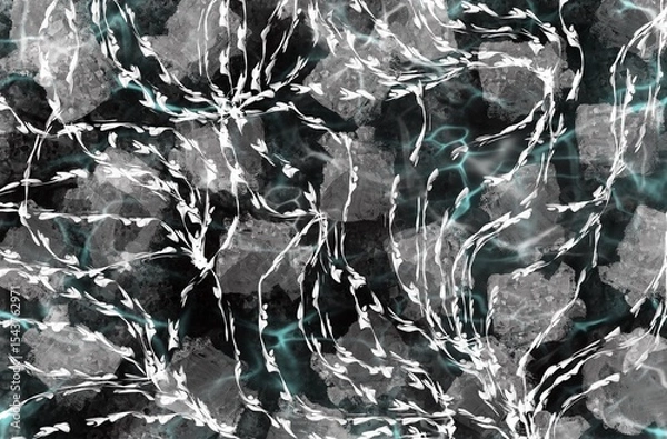 Fototapeta Seamless abstract pattern featuring flowing white seaweed or kelp-like shapes over a dark, textured underwater background with light reflections. Ideal for fabric prints, wallpapers, digital art