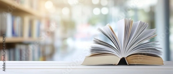 Obraz Blurred white desk background with books and stationery on a table in a modern office interior