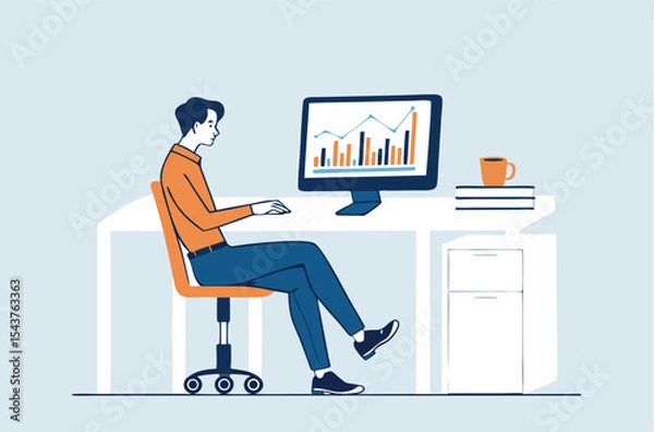 Fototapeta Flat Business people working on computer concept and business people analytics and monitoring investment and finance report graph on monitor concept 
