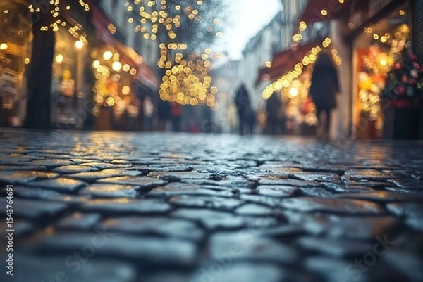 Obraz Blurred background of the street in an old town with shops, people, and lights.