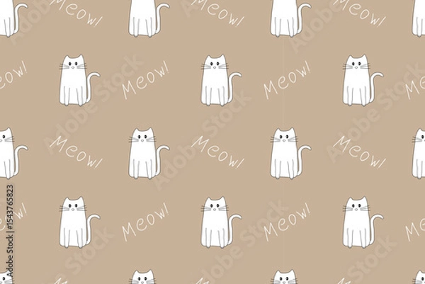 Obraz Seamless pattern of  cute white cat on  brown latte background. Cartoon flat design. Pet, fauna, domestic. For backgrounds, wallpapers, textiles, packaging or  website.