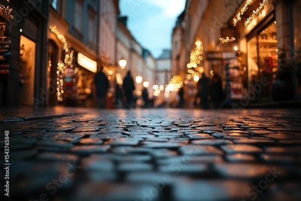 Obraz Blurred background of the street in an old town with shops, people, and lights.