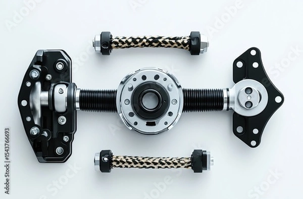 Obraz Car brake, caliper, and braided shock absorber on a white background with copy space for text