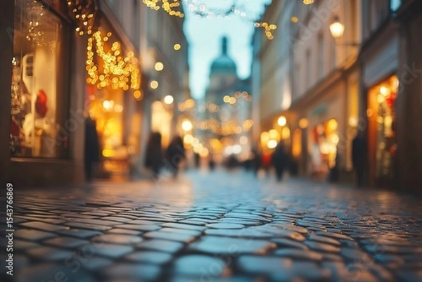Obraz Blurred background of the street in an old town with shops, people, and lights.