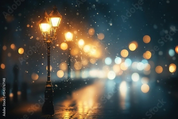 Obraz Blurred snow falling in the night city, highway with street lamps and buildings in blurred focus