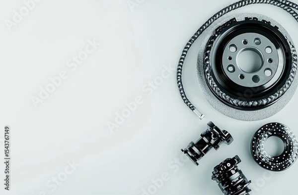 Obraz Car brake, caliper, and braided shock absorber on a white background with copy space for text