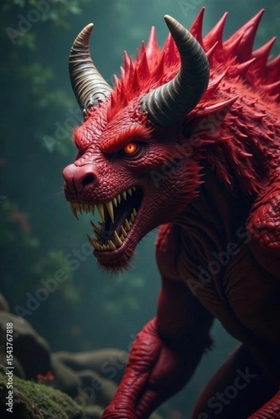 Obraz Crimson-furred monster, jagged horns, bared fangs, fantasy, beast, menacing