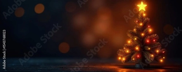 Obraz Glowing Christmas tree, warm lights, bokeh Dark background , photography, magic