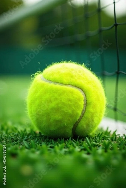 Obraz Close-up of tennis ball on lush grass, net and stadium bokeh, sports, game