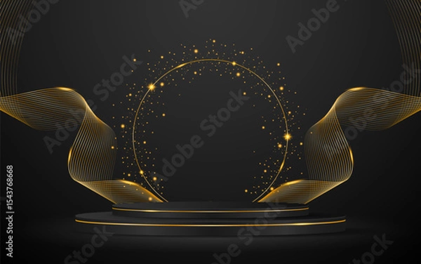 Fototapeta Black podium with elegant gold wave lines on the back for product presentation. Display of cosmetic products. Stage or podium. vector illustration	