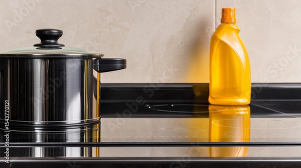 Obraz Clean kitchen countertop with electric cooker and detergent bottle, showcasing modern simplicity and efficiency.