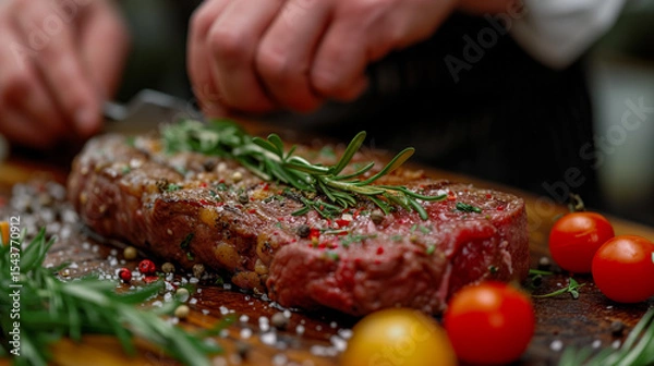Fototapeta Juicy, bright beef steak cooked by professional chefs with a beautiful presentation