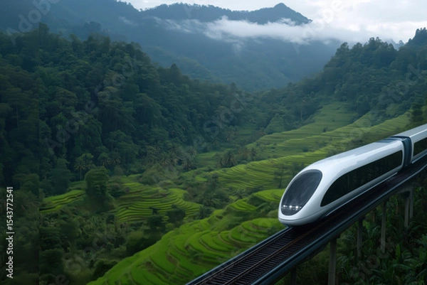 Obraz High-speed train running among rice terraces