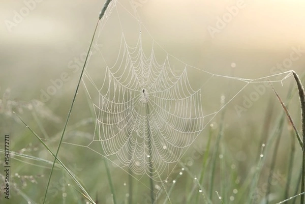 Fototapeta Spider web on a meadow during sunrise