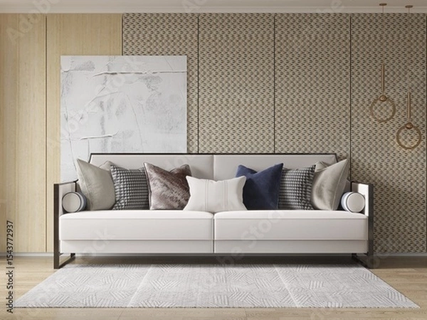 Fototapeta Mockup of a fashionable living room with a classic comfortable sofa and an original decorative background, 3D rendering.