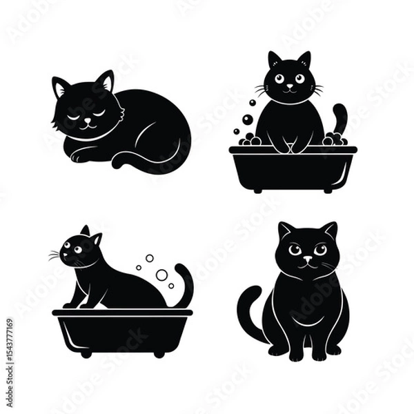 Obraz Four Black Cat Silhouettes in Various Poses