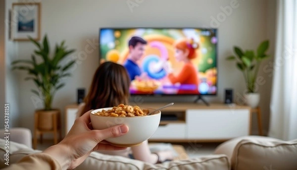 Fototapeta a cozy indoor setting where someone is enjoying snacks while watching television. a person holds a bowl of food in one hand and points at it with the other