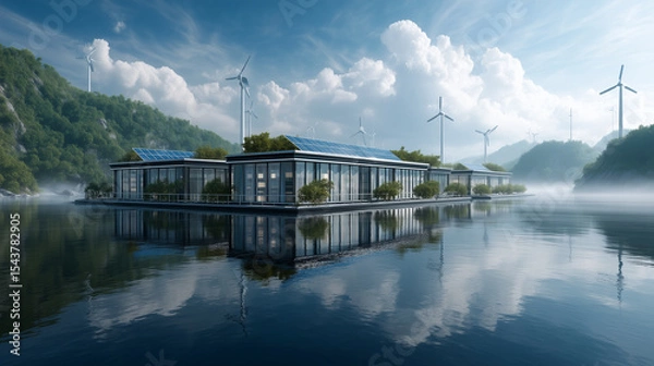 Fototapeta Futuristic floating data center on a serene lake, featuring solar panels, wind turbines, and eco-friendly architecture, blending clean technology with natural surroundings.