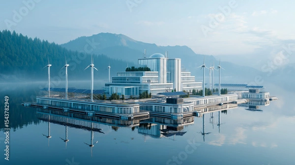 Fototapeta Futuristic floating data center on a serene lake, featuring solar panels, wind turbines, and eco-friendly architecture, blending clean technology with natural surroundings.