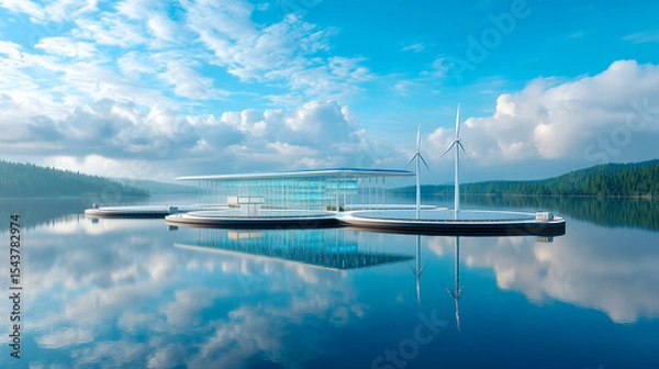 Fototapeta Futuristic floating data center on a serene lake, featuring solar panels, wind turbines, and eco-friendly architecture, blending clean technology with natural surroundings.