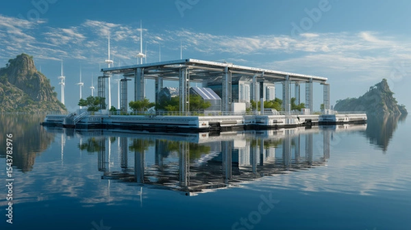 Fototapeta Futuristic floating data center on a serene lake, featuring solar panels, wind turbines, and eco-friendly architecture, blending clean technology with natural surroundings.