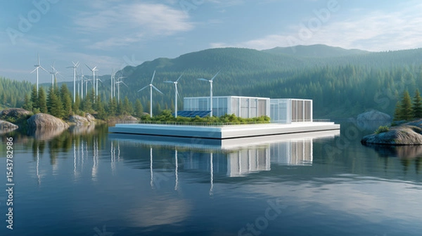 Fototapeta Futuristic floating data center on a serene lake, featuring solar panels, wind turbines, and eco-friendly architecture, blending clean technology with natural surroundings.