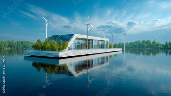 Fototapeta Futuristic floating data center on a serene lake, featuring solar panels, wind turbines, and eco-friendly architecture, blending clean technology with natural surroundings.
