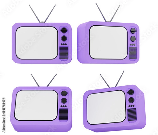 Fototapeta Purple Classic TV Set in 3D from Different Perspectives on Transparent Background 3D Render Illustration