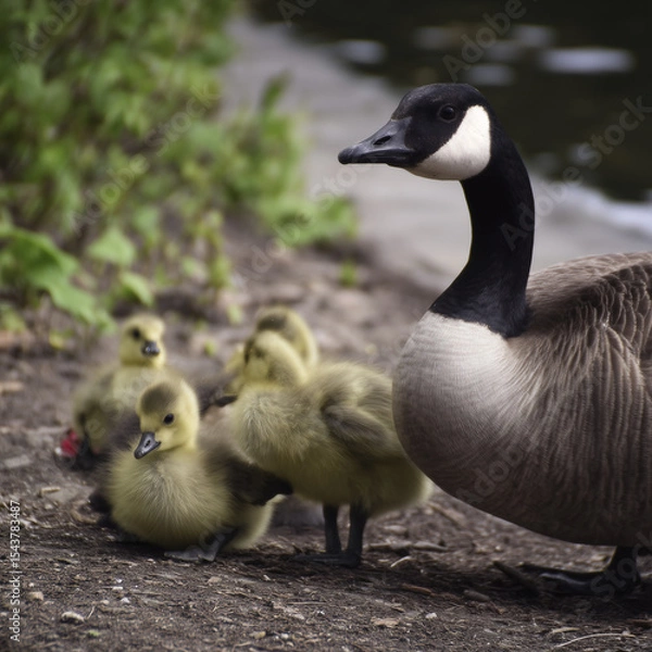 Fototapeta A proud Canada goose stands watch over a group of fluffy goslings near a calm water’s edge, capturing a serene moment in nature and wildlife parenting.