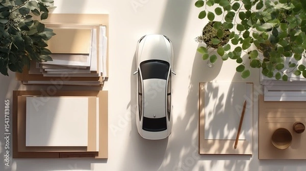 Obraz Auto Insurance Concept with Car Model and Documents Arranged Neatly on a Warm Desk Surface