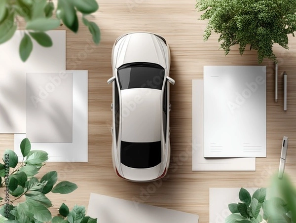 Obraz Auto Insurance Concept with Car Model and Documents Arranged Neatly on a Warm Desk Surface