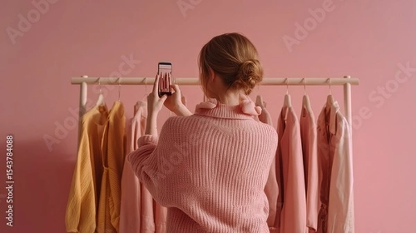 Obraz Clothing Seller Stages Folded Thrift Finds for Product Photography Before Uploading to Platform