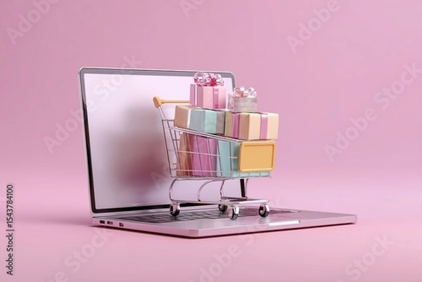 Obraz Creative Online Store Visual with Mini Cart and Delivery Boxes Arranged on Laptop Keyboard