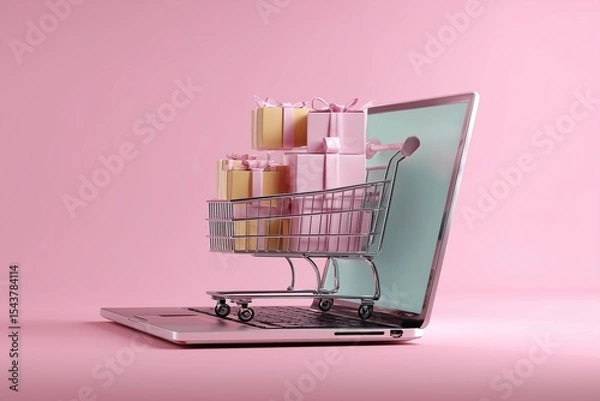 Obraz Creative Online Store Visual with Mini Cart and Delivery Boxes Arranged on Laptop Keyboard