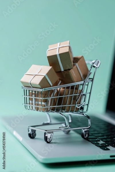 Obraz Creative Online Store Visual with Mini Cart and Delivery Boxes Arranged on Laptop Keyboard