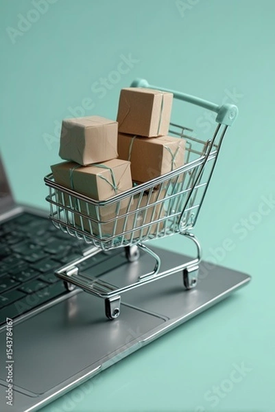 Obraz Creative Online Store Visual with Mini Cart and Delivery Boxes Arranged on Laptop Keyboard