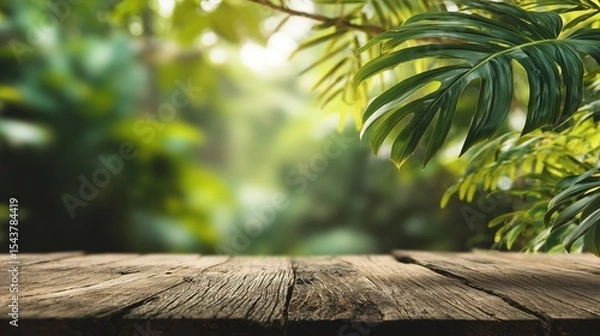 Obraz Empty Wooden Table Framed by Lush Tropical Leaves and Sunlit Forest for Natural Depth Scene