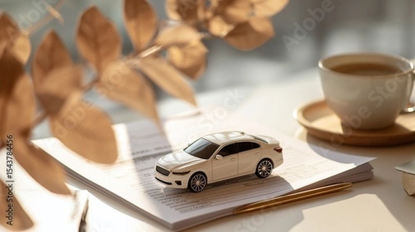 Obraz Flat Lay Featuring Car Documents and Model Vehicle with Minimal Design for Insurance Branding