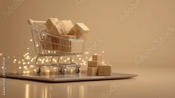 Obraz Mini Shopping Cart with Boxes on Laptop Keyboard Depicting a Modern Online Storefront Concept