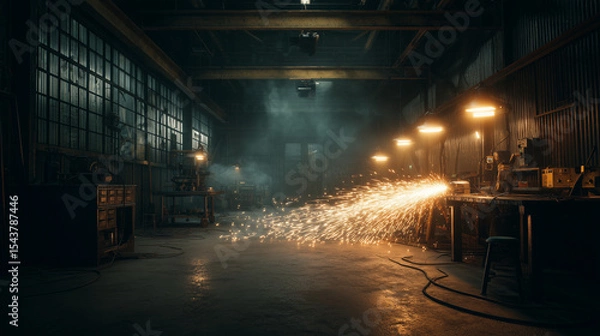 Obraz Metal workshop with glowing sparks in motion, showcasing raw industrial energy and precision craftsmanship.