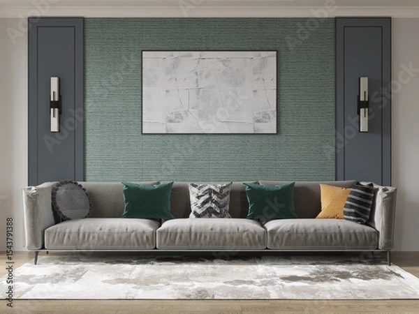 Fototapeta Mockup of a fashionable living room with a classic comfortable sofa and an original decorative background, 3D rendering.