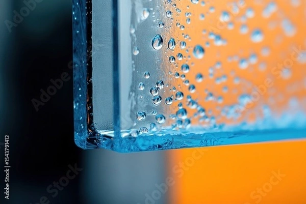 Fototapeta Close-up of a blue, transparent acrylic sheet on an orange wall, with a close-up of the edge of one corner,