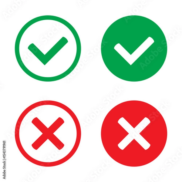 Fototapeta Right or wrong icons. Green tick and red cross checkmarks in circle flat icons. Yes or no symbol, approved or rejected icon for user interface.