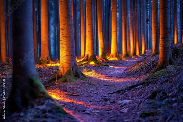 Fototapeta Serene forest path illuminated by glowing trees creates dreamlike atmosphere, inviting exploration and wonder