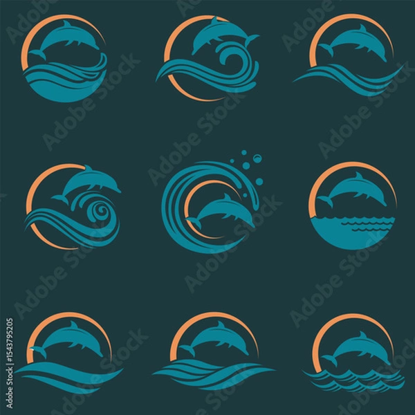 Fototapeta collection with emblem of dolphin and sea wave isolated on dark background