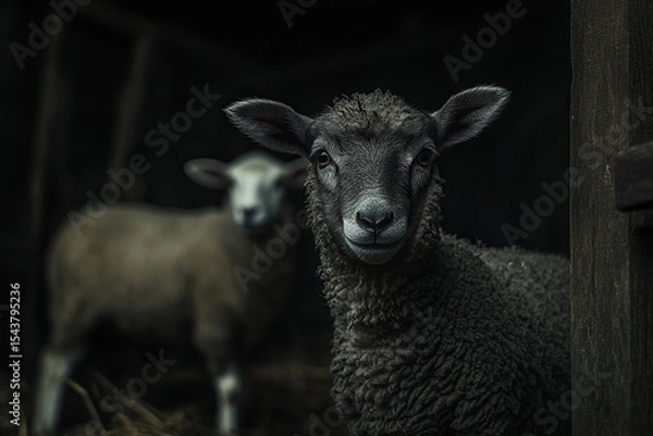 Fototapeta Close-up of a lamb standing in a dark barn, with its head tilted to the side, looking at the camera