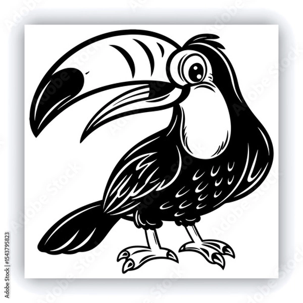 Fototapeta Horizontal banner with two beautiful colorful toucan birds (Ramphastidae) on a branch in a rainforest. Couple of toucan bird and leaves of tropical plants on sunny background. Copy space for text